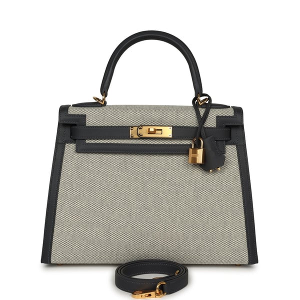 Hermes Kelly Sellier 28 Ardoise Swift, Ecru Toile H Canvas Gold Hardware