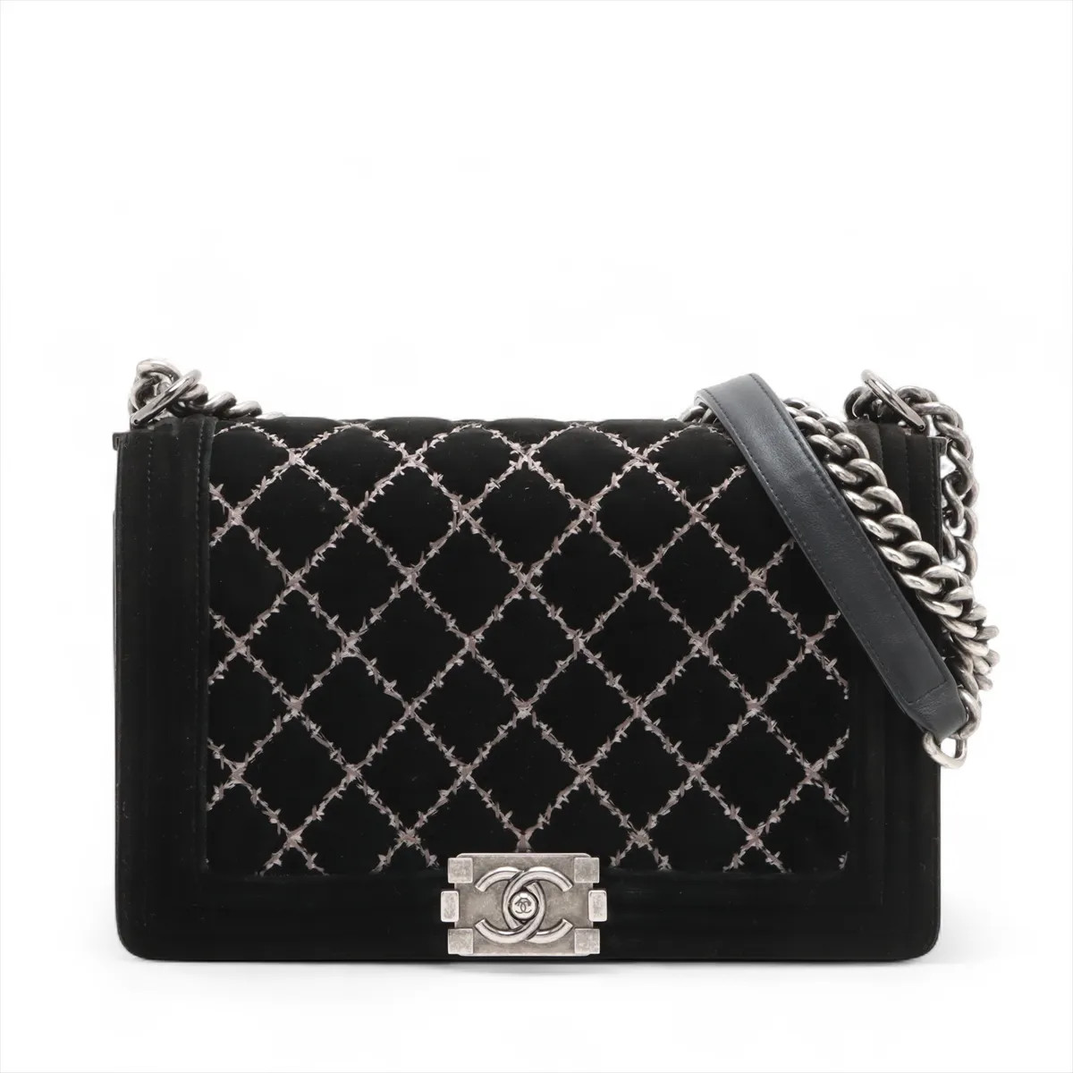 Chanel BOY CHANEL 28 Large Velvet Chain Shoulder Bag Black Gunmetal Fittings 19X