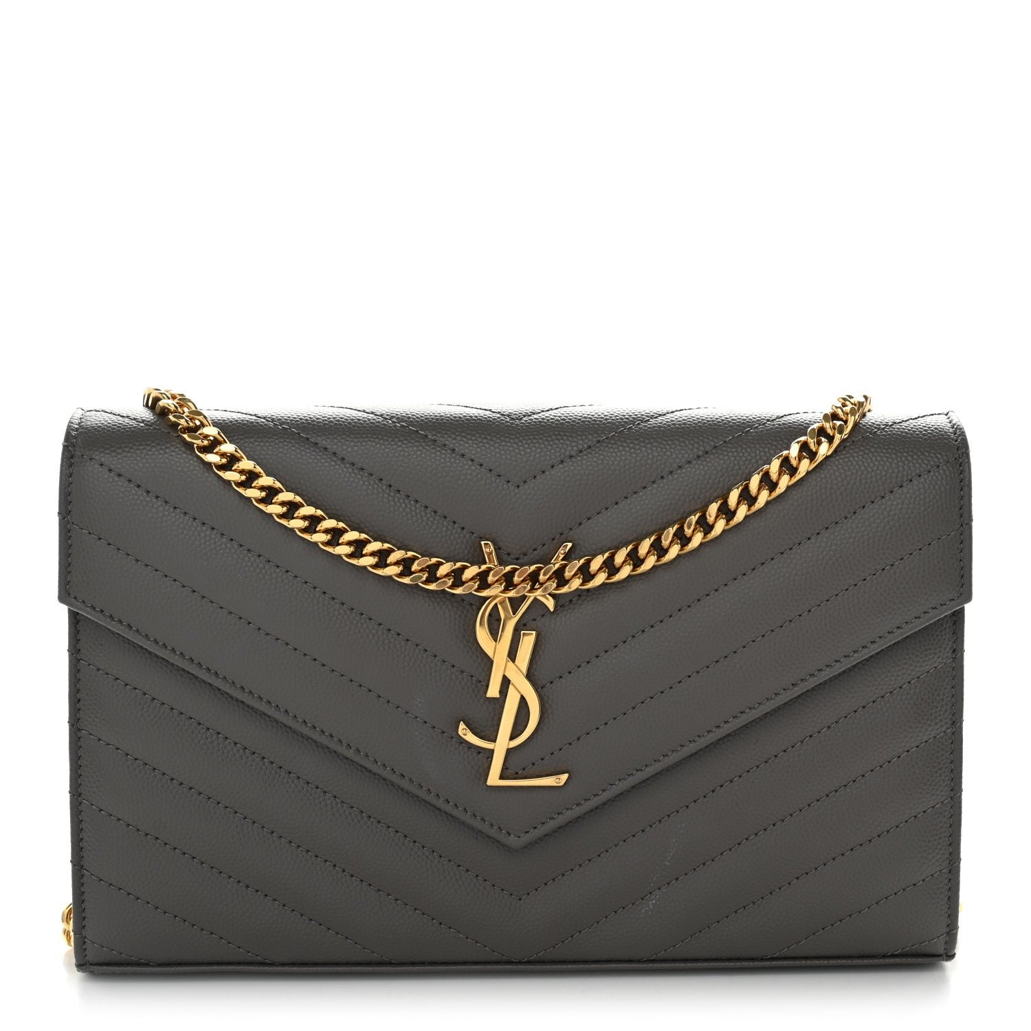 Saint Laurent Saint Laurent Grain De Poudre Matelasse Chevron Monogram Chain Wallet Fog