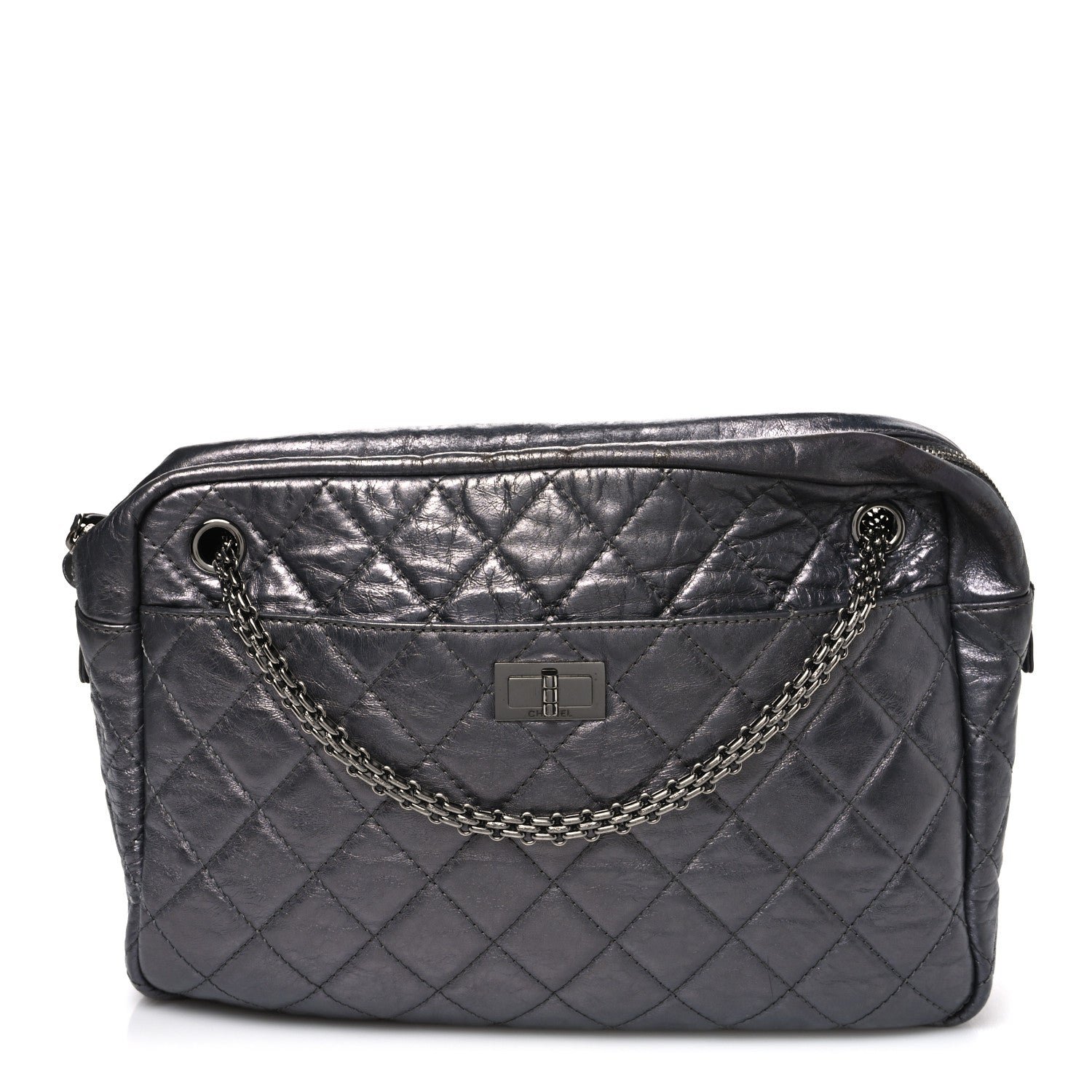 Chanel Metallic Aged Calfskin Quilted Large Reissue Camera Case Silver