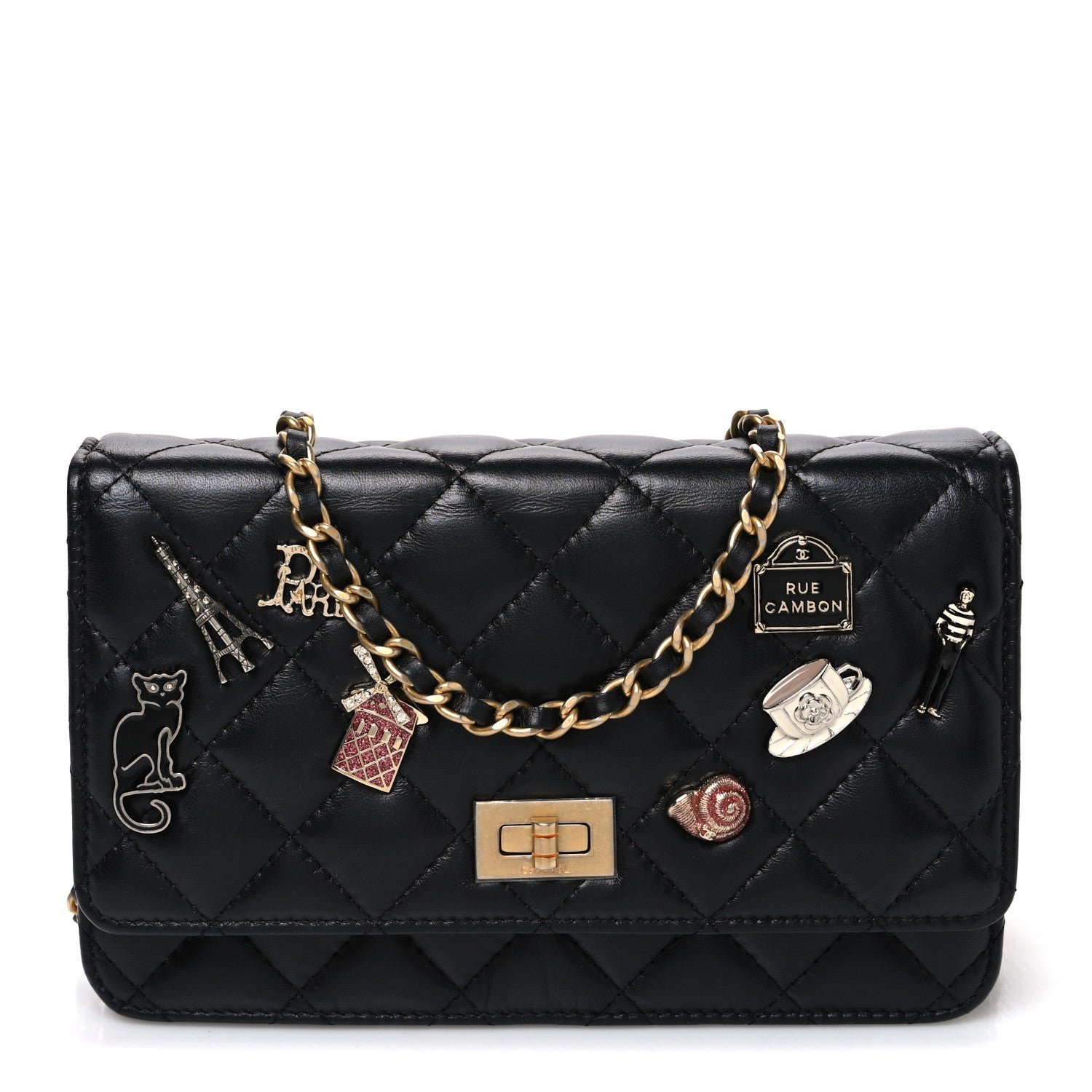 Chanel Aged Calfskin Quilted Lucky Charms 2.55 Reissue Wallet On Chain WOC Black