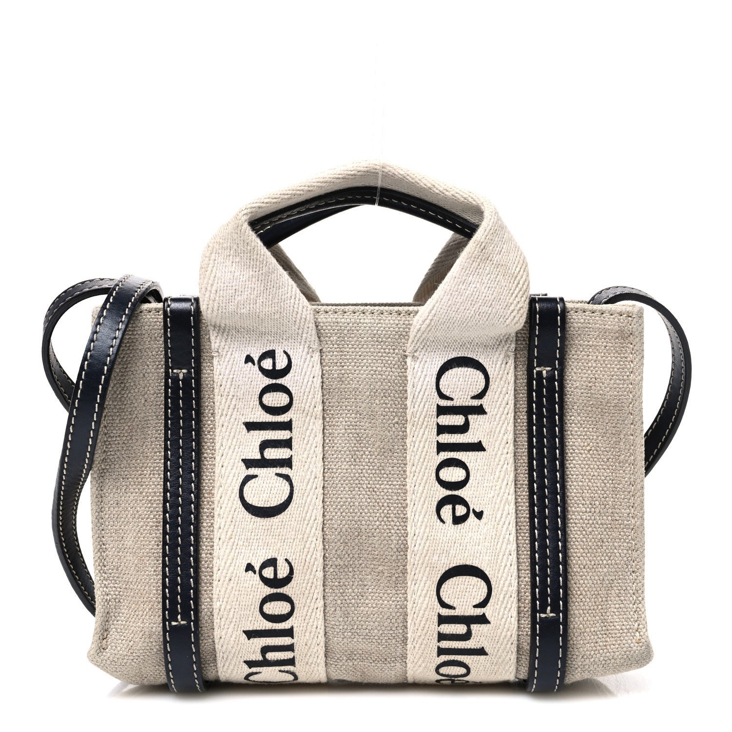 Chloe Linen Calfskin Mini Woody Ribbon Tote White Navy