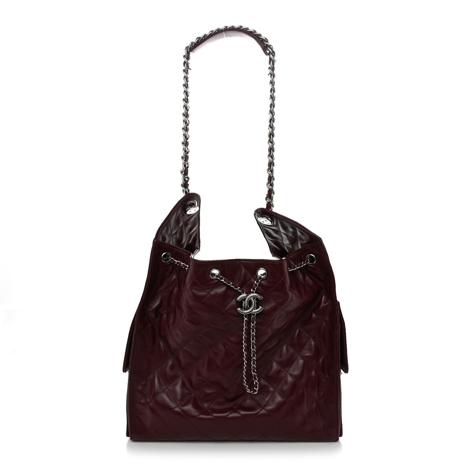 Chanel Shiny Crumpled Calfskin Quilted Medium Chanel 25 Handbag Dark Burgundy