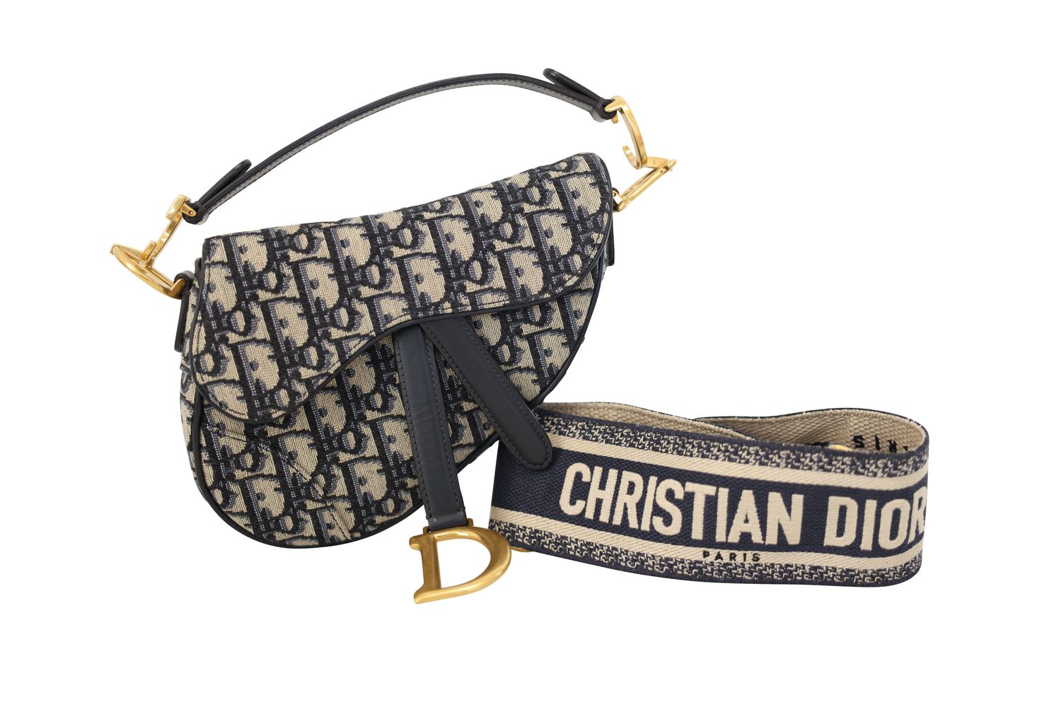 Dior Christian Dior Saddle Mini Bag with Strap, Blue Dior Oblique Jacquard Canvas and Gold Hardware, Preowned in Dustbag WA001