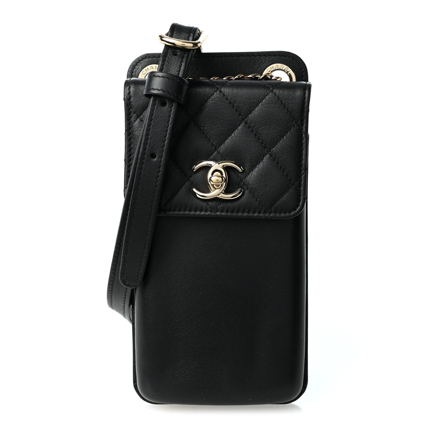 Chanel Lambskin Quilted Phone Holder Flap With Chain Black