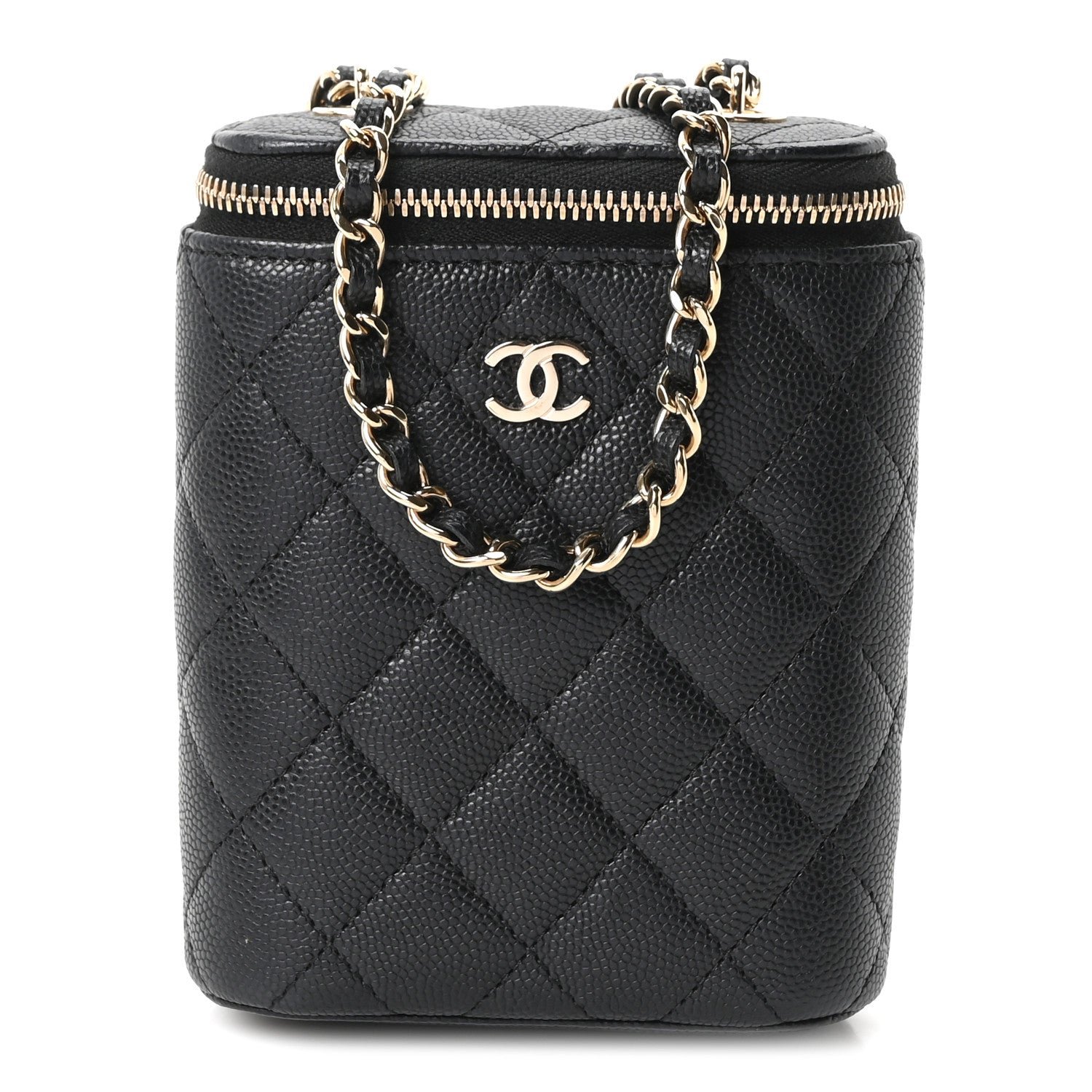 Chanel Caviar Quilted Small Vertical Coco Beauty Vanity Case With Chain Black
