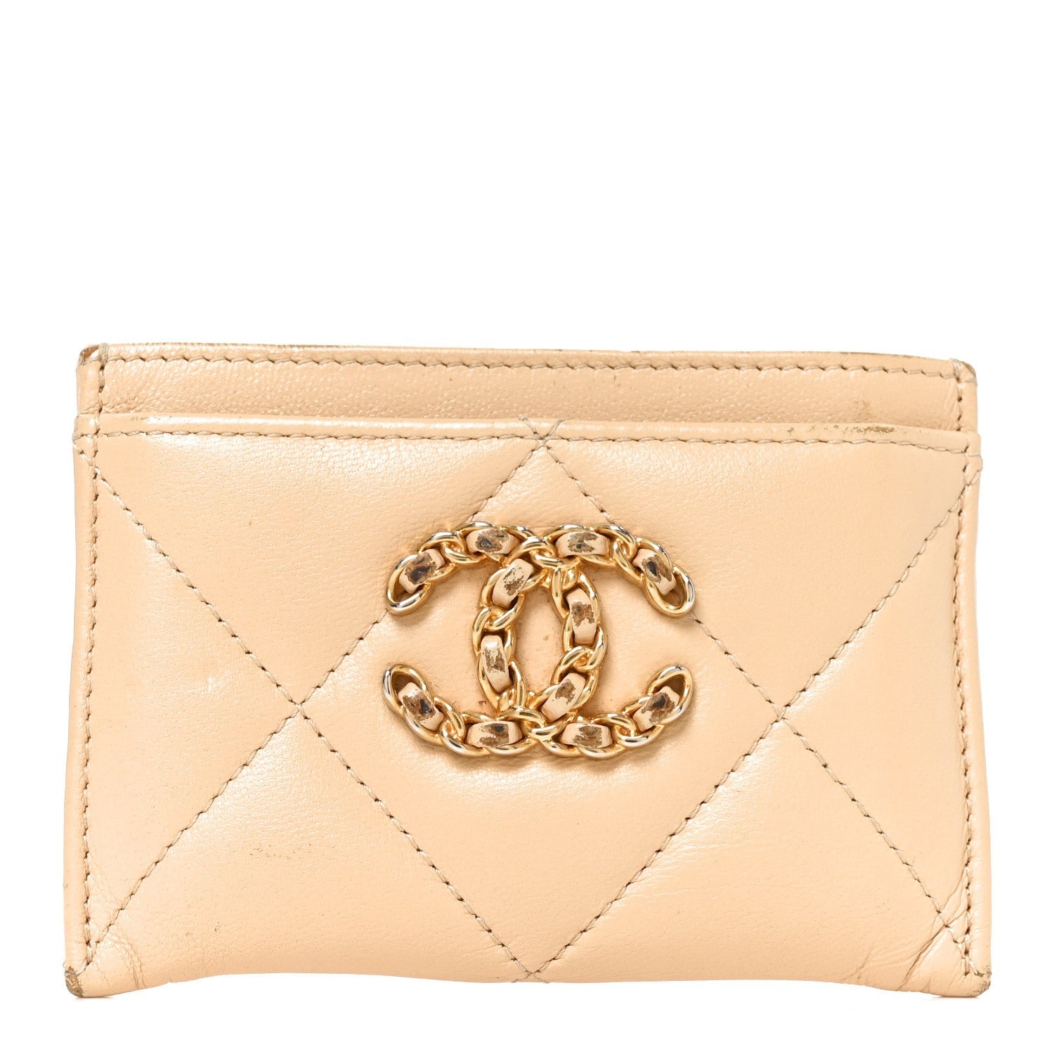 Chanel Lambskin Quilted Chanel 19 Card Holder Light Beige
