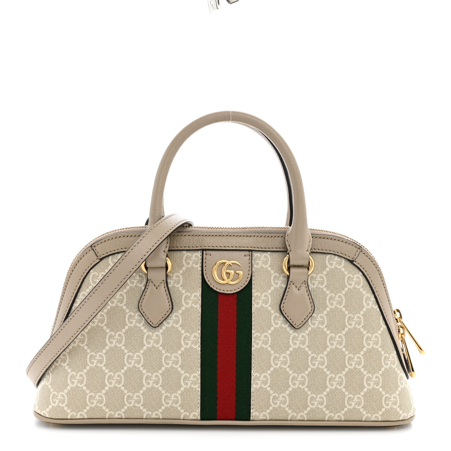 Gucci GG Supreme Monogram Textured Dollar Calfskin Web Medium Ophidia Top Handle Bowler Bag Beige Mystic White Oatmeal