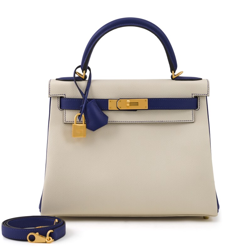 Craie and Bleu Electrique Epsom HSS Kelly 28 Retourné Brushed Gold Hardware, 2018