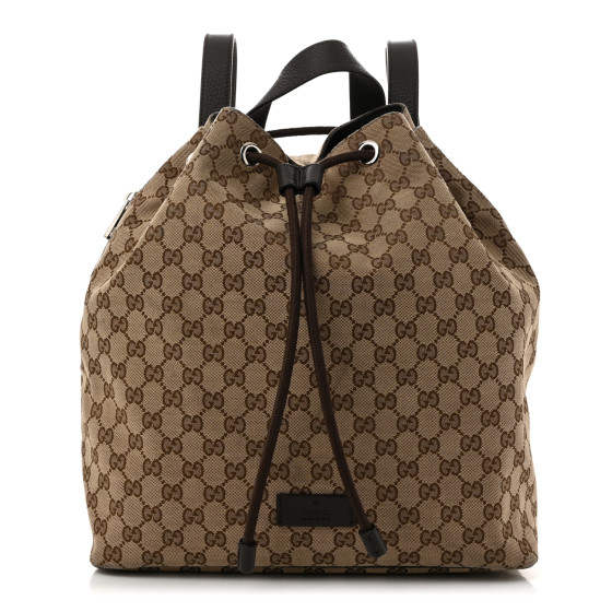 Gucci Monogram Dollar Calfskin O Drawstring Backpack Beige Ebony Testa di Moro Dark Chocolate