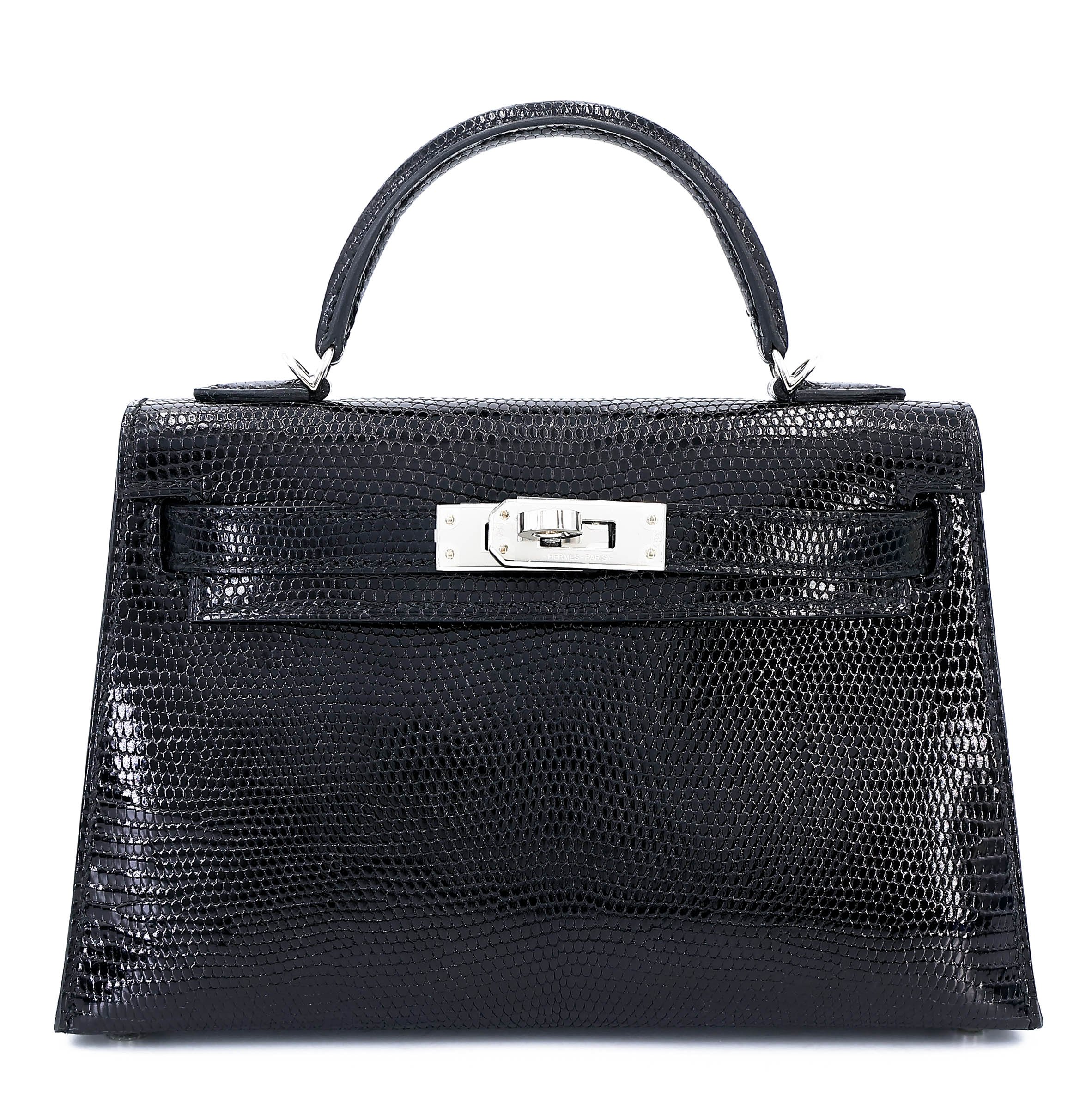 Very Good ( Rank A) HERMÈS Mini Kelly II Noir (89) Lizard Palladium hardware B (2023)
