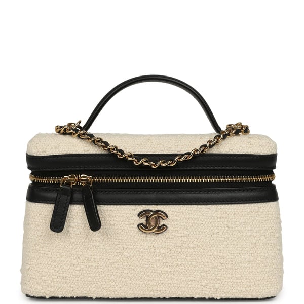 Chanel Coco Beach Top Handle Long Vanity Case with Chain Ecru Tweed and Black Calfskin Gold Hardware