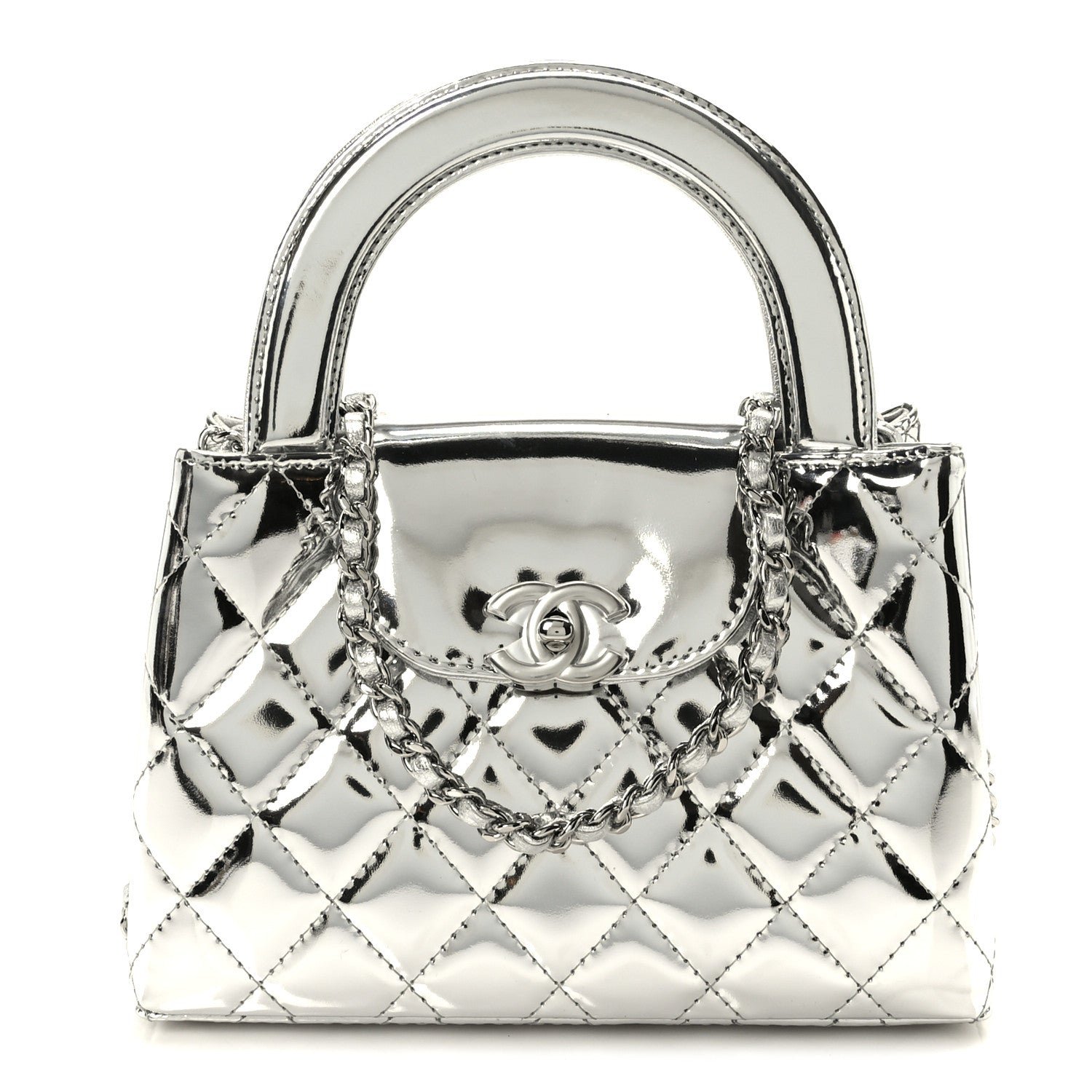 Chanel Mirror Calfskin Metallic Calfskin Quilted Nano Kelly Shopper Silvery