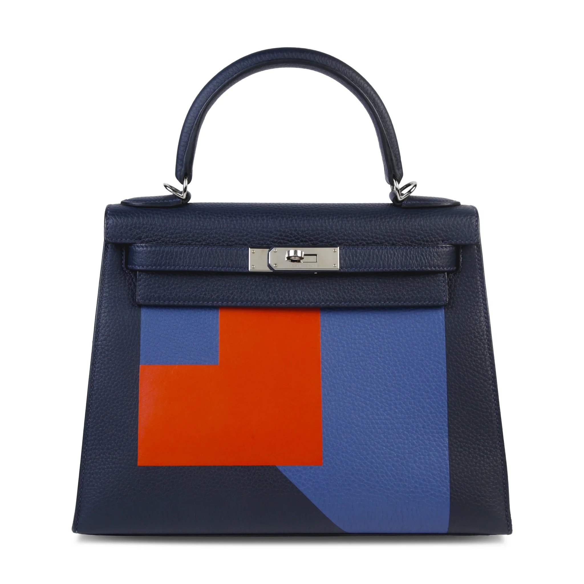 Very Good ( Rank A) HERMÈS Limited Edition Kelly 28 Sellier Letter R Bleu Nuit (2Z) Bleu Brighton (7E) Terre Battue (R1) Clemence Palladium hardware C (2018)