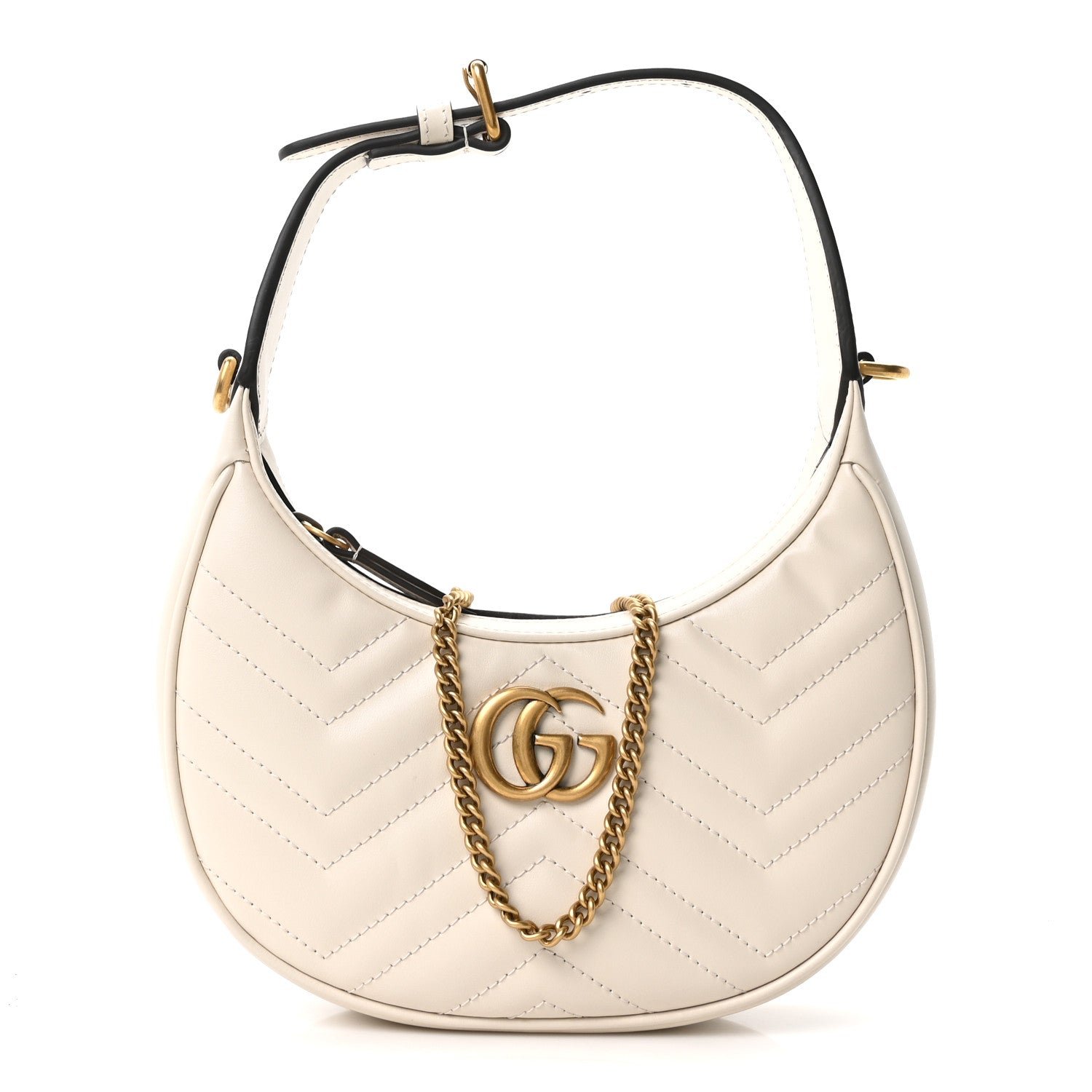 Gucci Calfskin Matelasse Chevron Mini GG Marmont Half Moon Hobo Mystic White