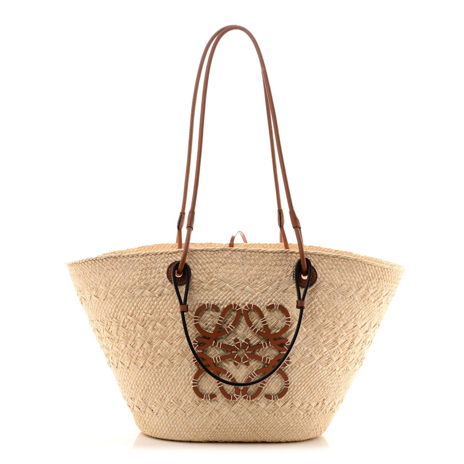 Loewe Calfskin Raffia Paulas Ibiza Medium Anagram Basket Tote Bag Natural Tan