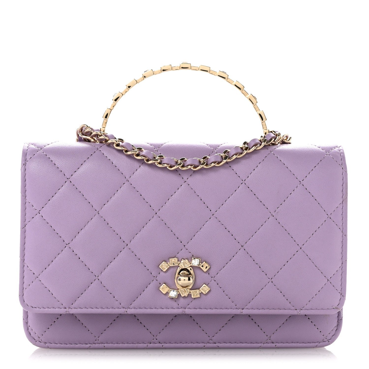 Chanel Lambskin Quilted Crystal Top Handle Clutch With Chain Light Purple