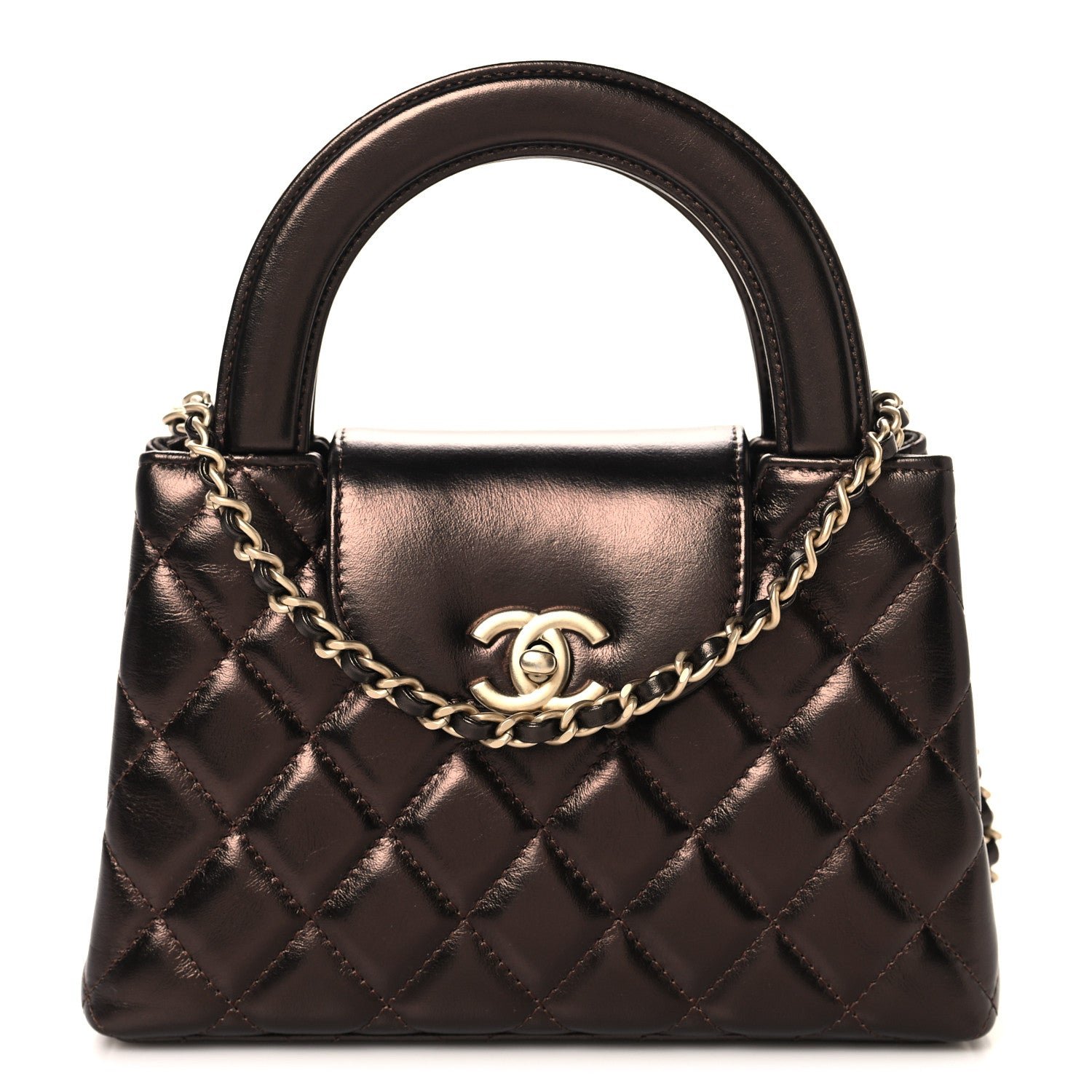 Chanel Metallic Aged Calfskin Quilted Nano Kelly Shopper Dark Brown