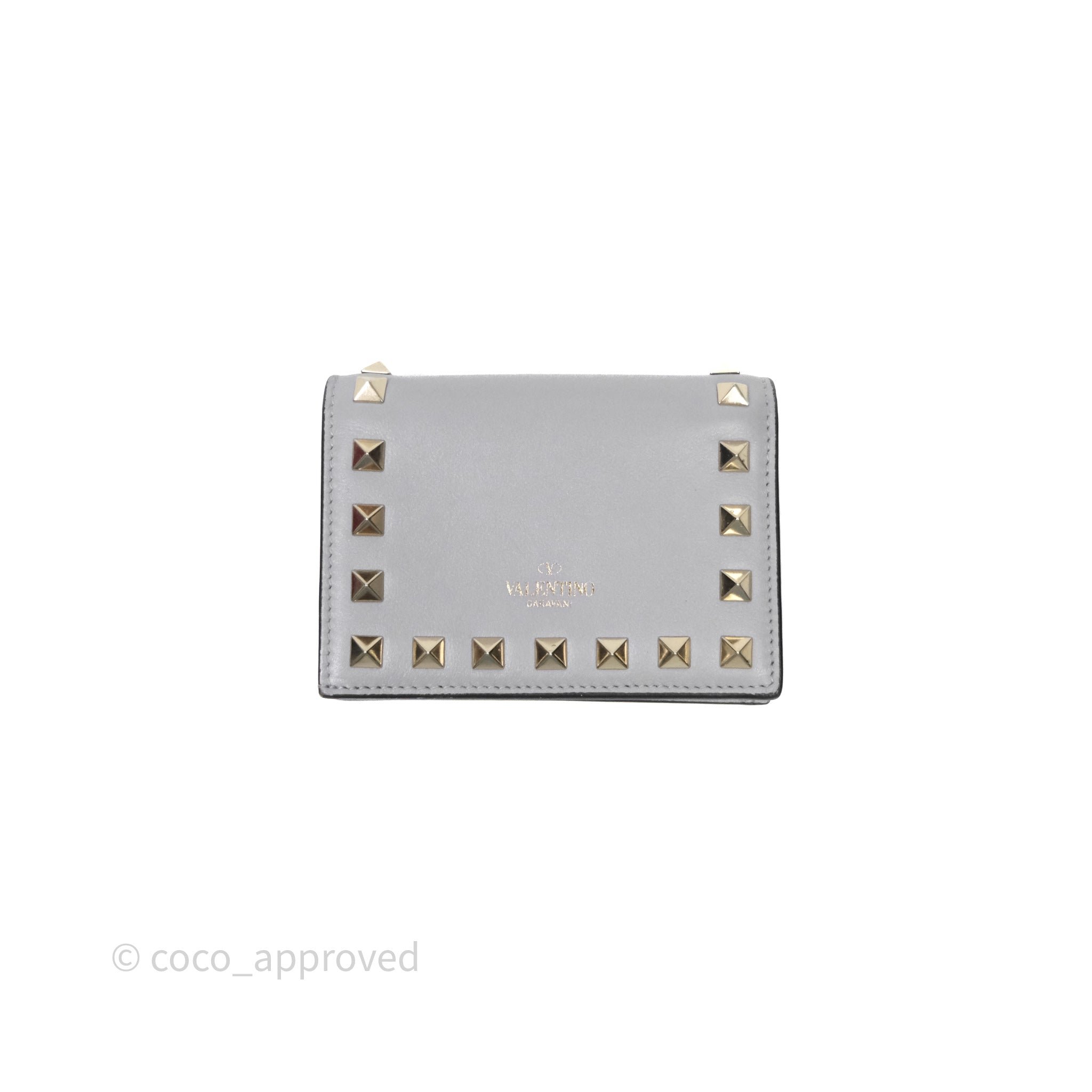 Valentino Grey Garavani Rockstud Compact Short Wallet Gold Hardware