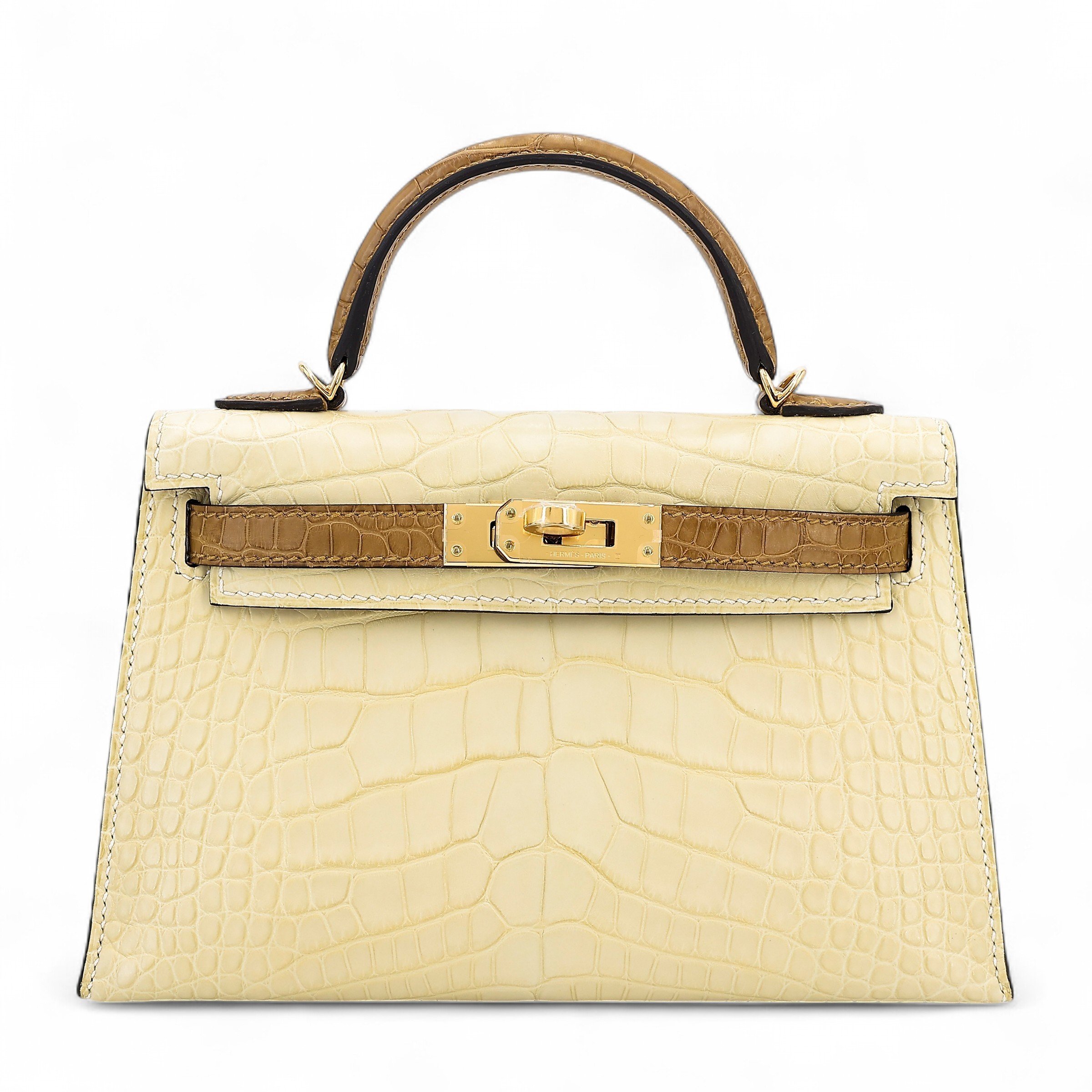 Unused ( Rank NS ) HERMÈS Special Order Mini Kelly II HSS Kraft (2H) Vanille (Y1) Matte Alligator Gold hardware U (2022)