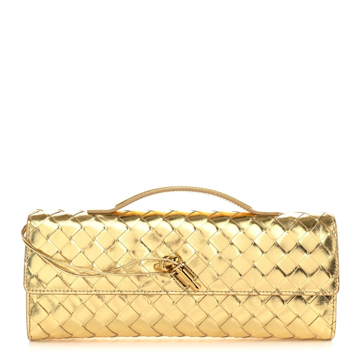 Bottega Veneta Metallic Lambskin Intrecciato Long Andiamo Top Handle Clutch Gold