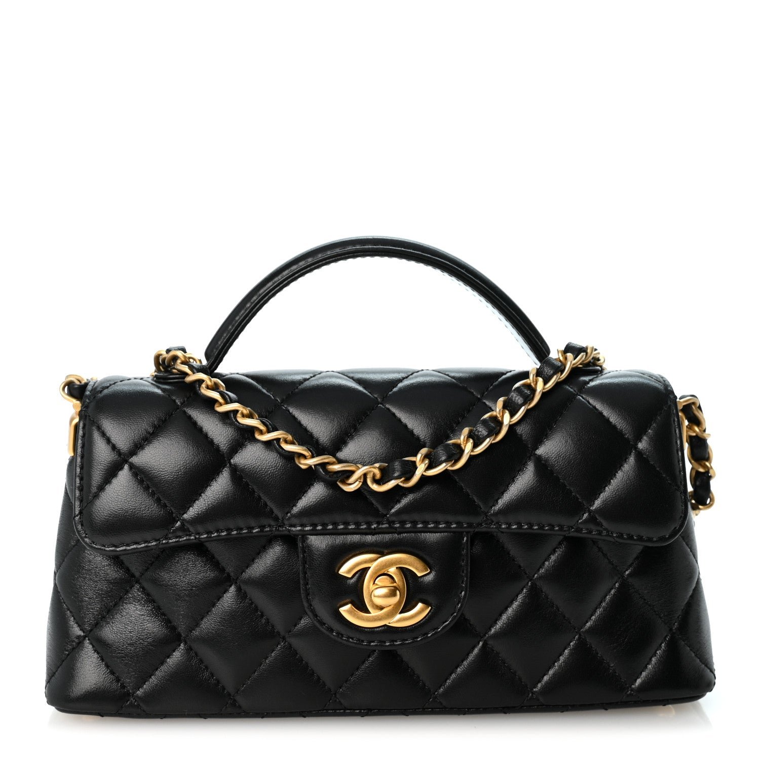 Chanel Lambskin Quilted Mini Flap Top Handle Bag Black
