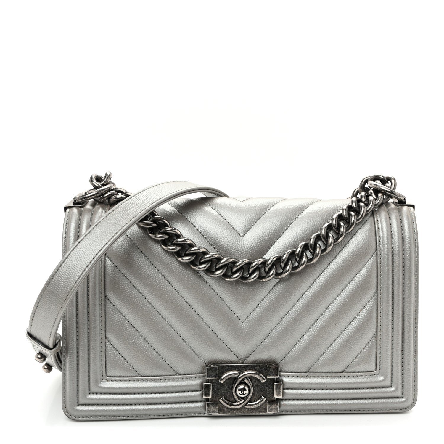 Chanel Metallic Caviar Chevron Quilted Medium Boy Flap Silver