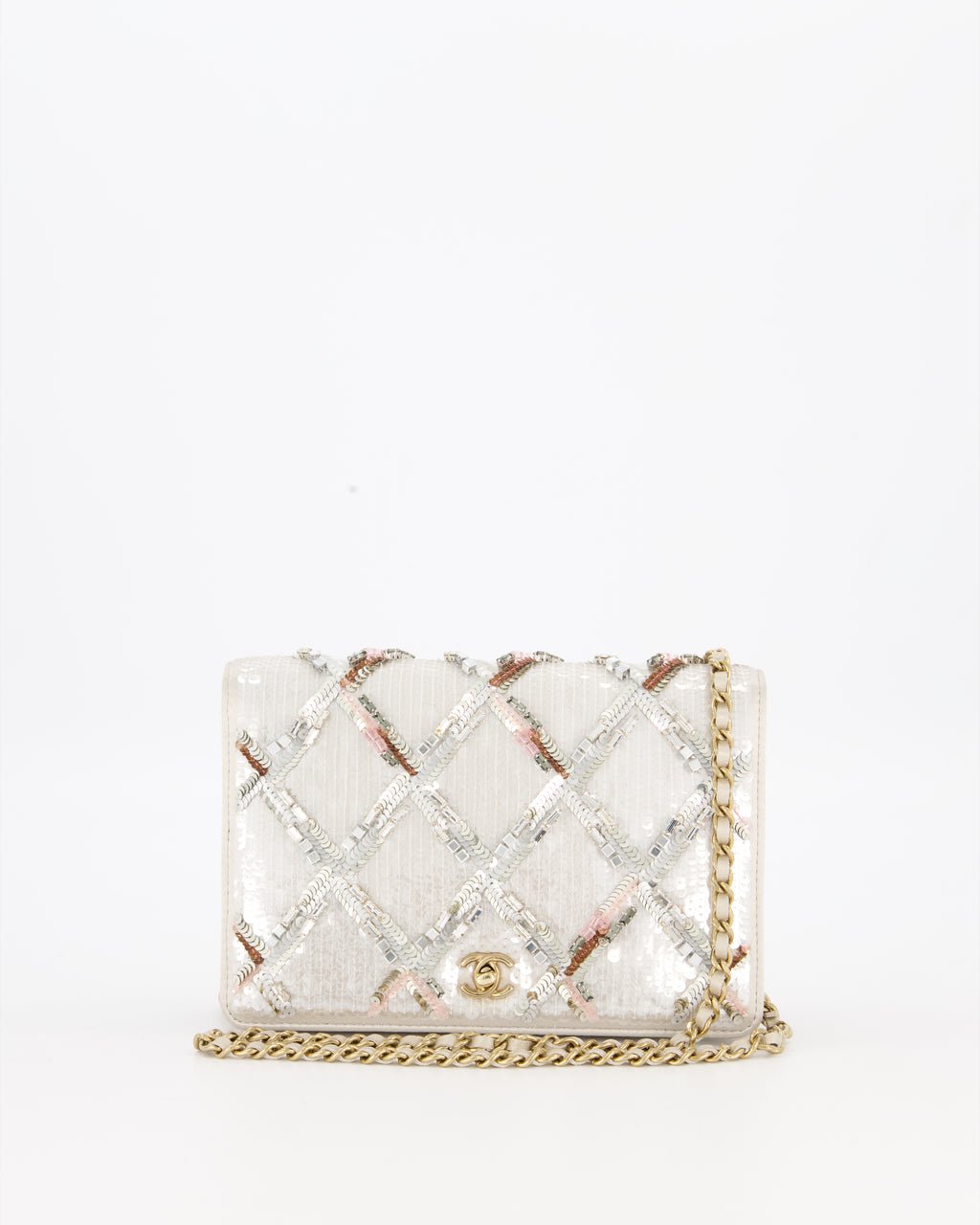 Chanel Silver Cruise Wallet on Chain Bag in Lambskin Leather with Sequin Embroidered and Champagne Gold Hardware
