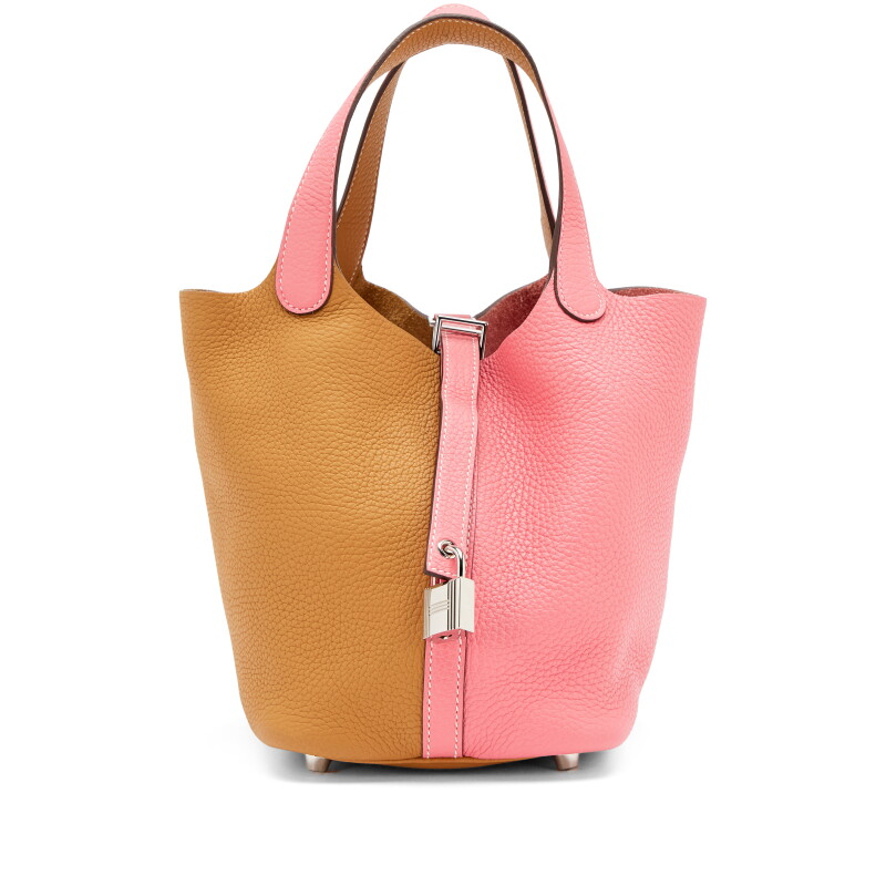 Rose Azalee and Sesame Taurillon Clemence Casaque Picotin Lock 18 Palladium Hardware, 2020