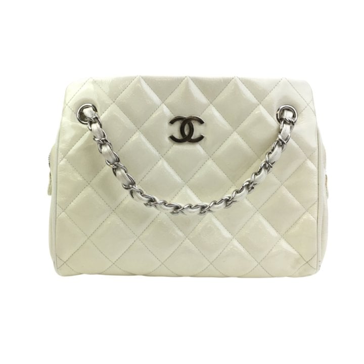 Chanel Vintage White Patent Quilted Timeless Tote