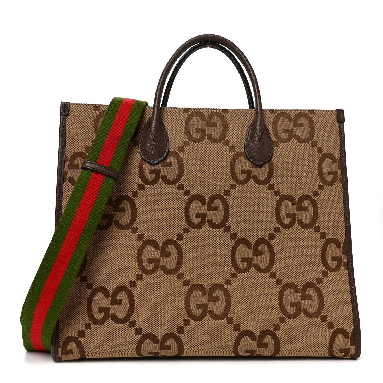 Gucci Monogram Jumbo GG Textured Dollar Calfskin Web Small Tote Bag Camel Ebony New Acero