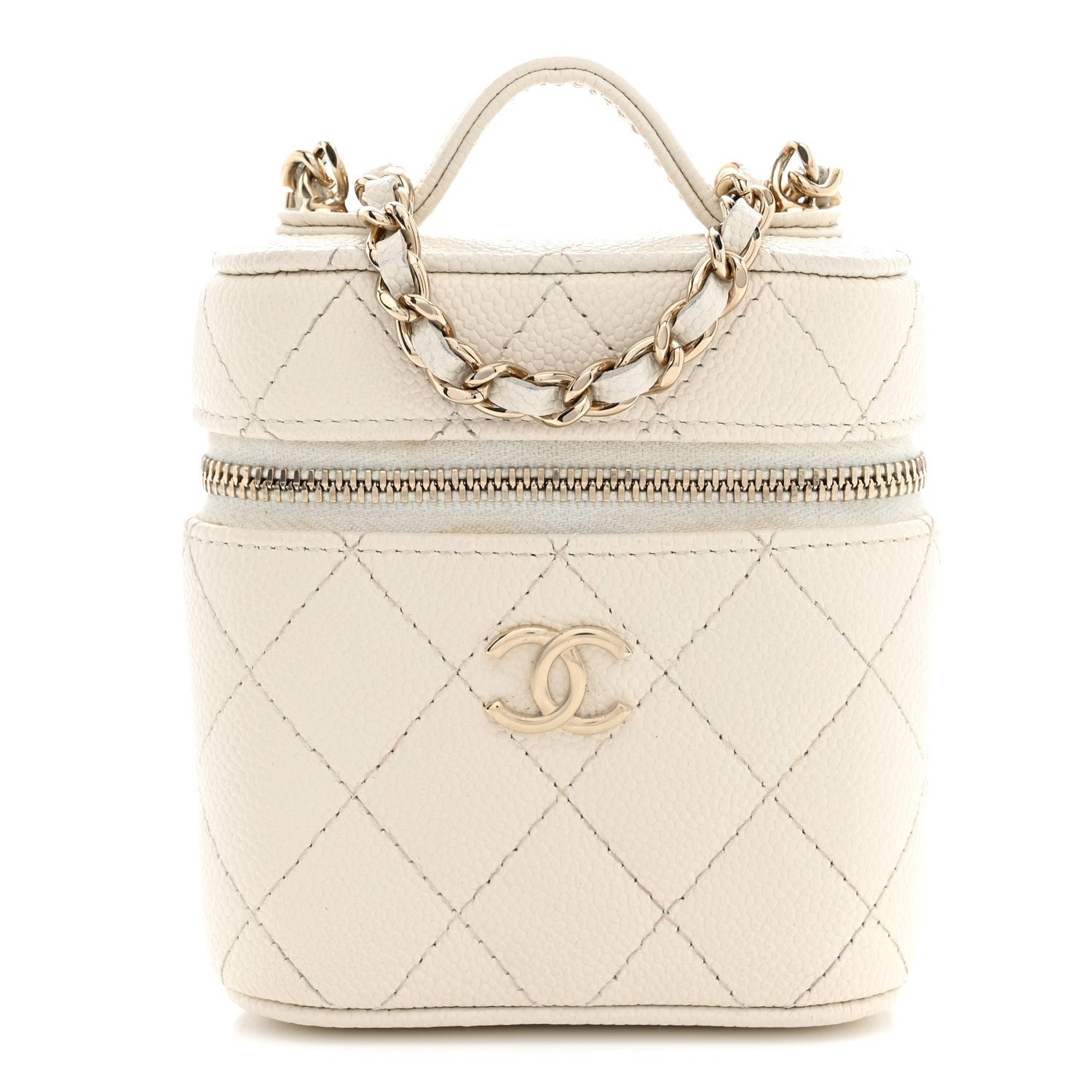 Chanel Caviar Quilted Small Handle With Care Vanity Case With Chain White