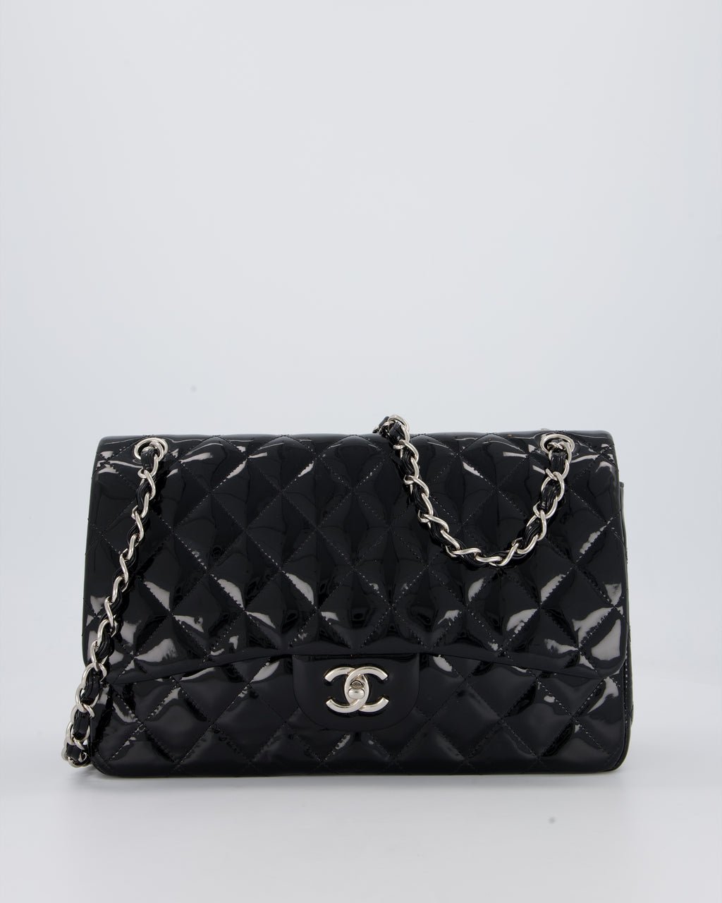 Chanel Black Patent Leather Jumbo Flap Bag With Silver Hardware