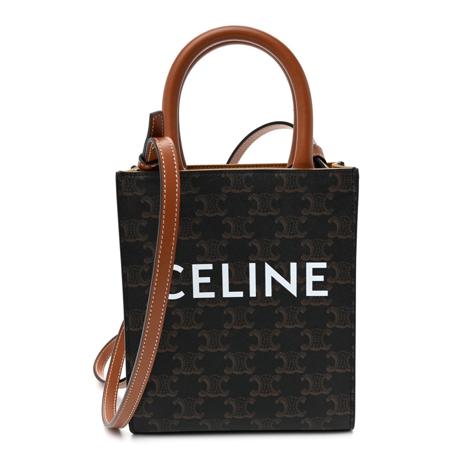 Celine Triomphe Canvas Calfskin Mini Vertical Cabas Tan Tan