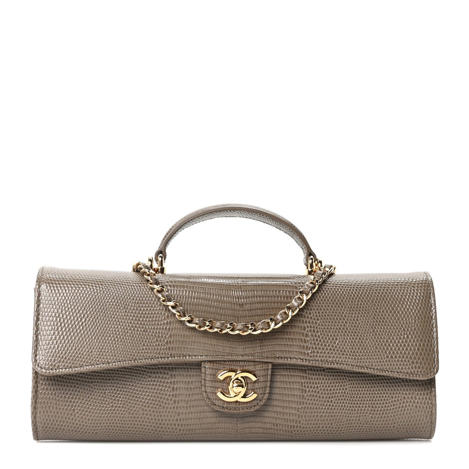 Chanel Calfskin Lizard Embossed Top Handle Long Clutch With Chain Dark Khaki