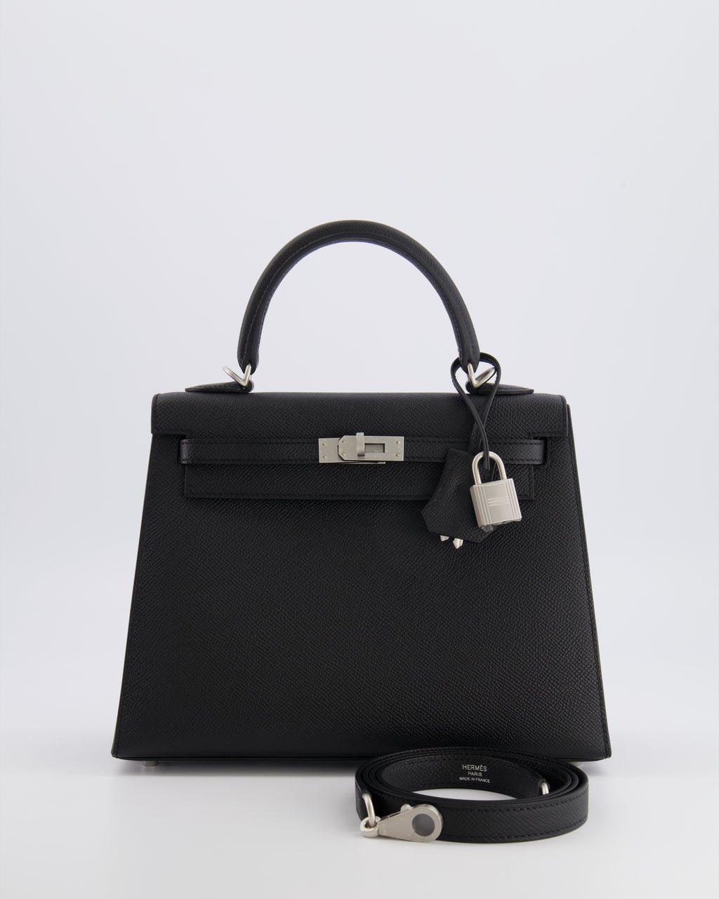 Hermès HSS Kelly 25 Sellier Bag in Noir Epsom Leather and Bleu Zellige Interior with Brushed Palladium Hardware