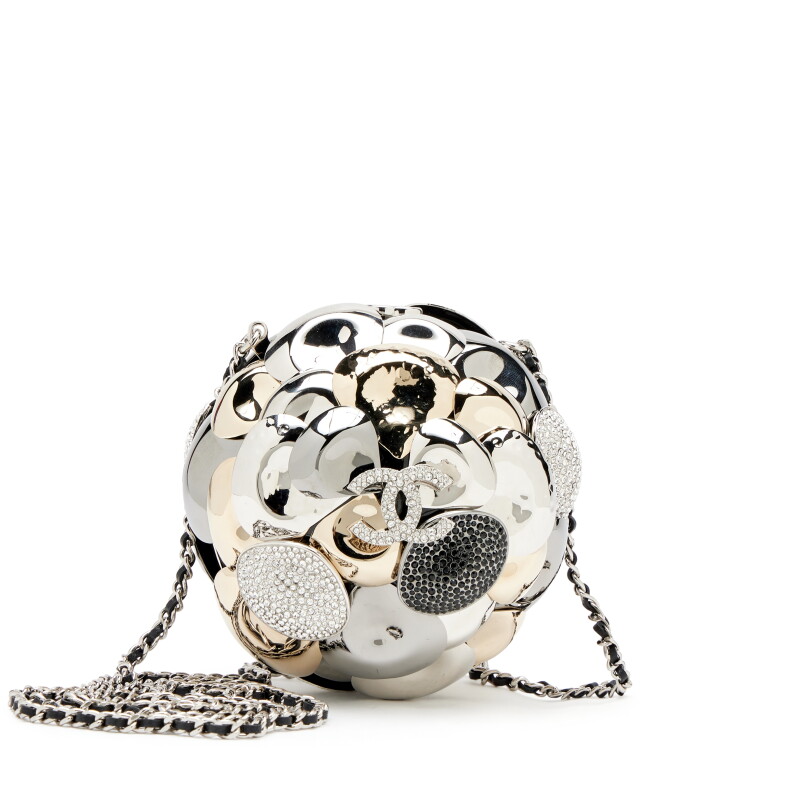 Silver and Gold Metal, Clear and Black Strass Crystal CC Camellia Ball Minaudière Clutch, 2023