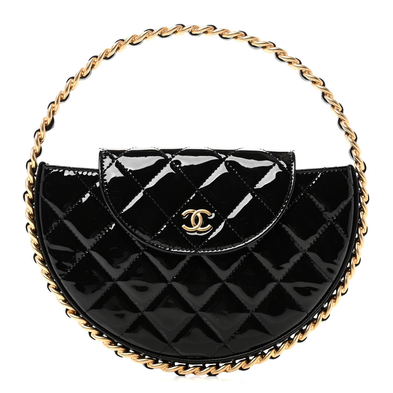 Chanel Patent Calfskin Quilted Chain Hoop Bag Black