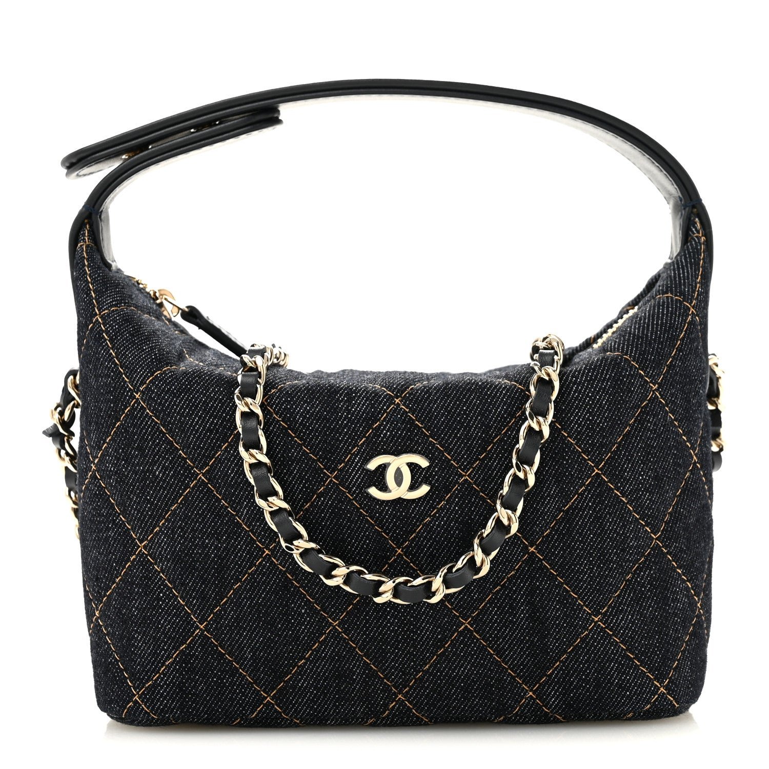 Chanel Denim Quilted Hobo Clutch With Chain Dark Blue Orange