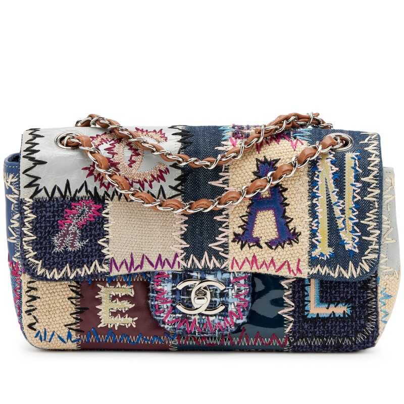 Blue, Purple, and Beige Denim and Leather Patchwork Medium Classic Single Flap Bag Silver Hardware, 2012