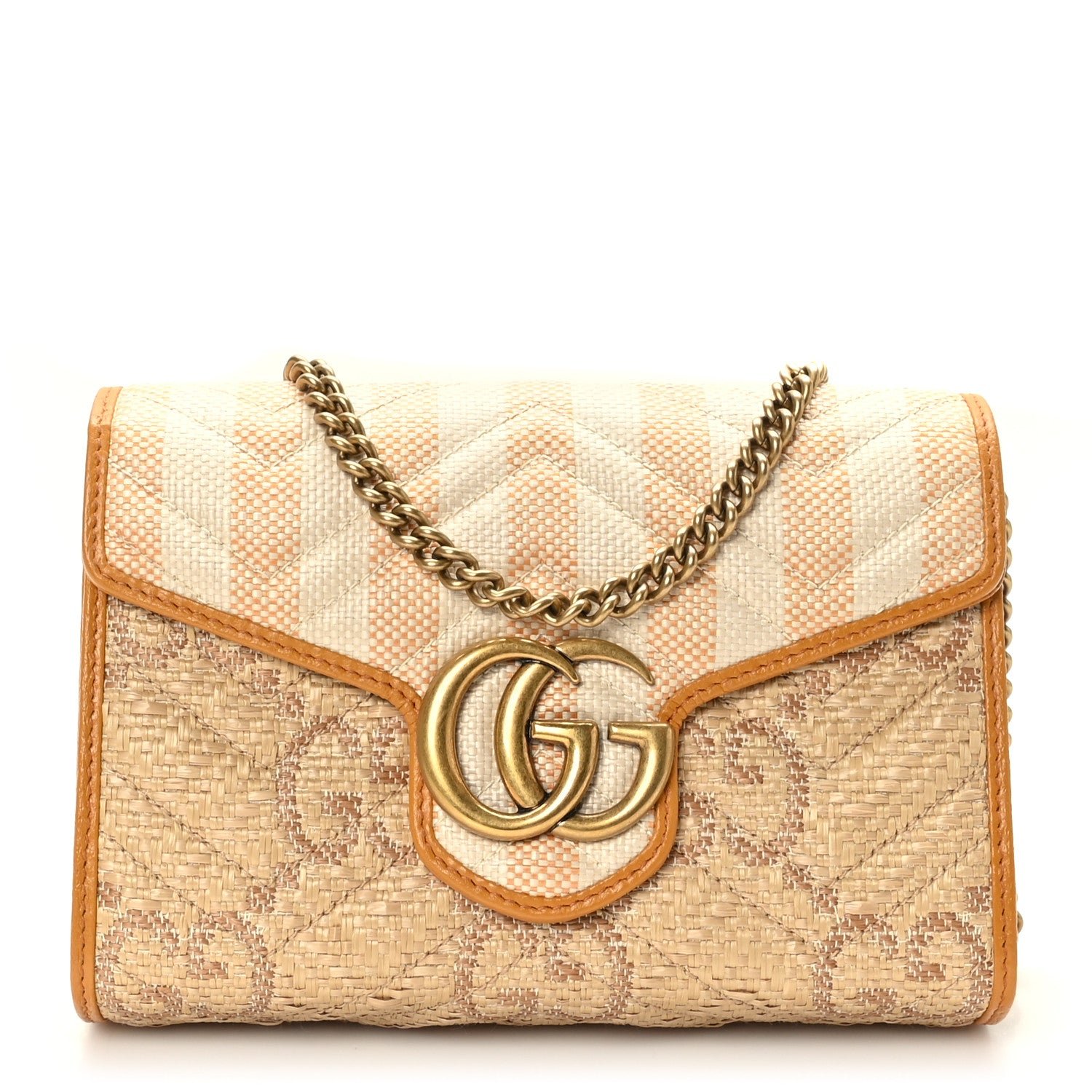 Gucci Raffia GG Monogram Matelasse GG Marmont Chain Wallet Natural Beige Off White Sun Oil