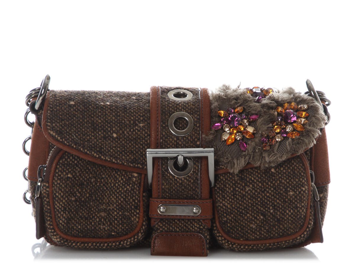 Prada Brown Ricamo Tweed and Crystal Flap