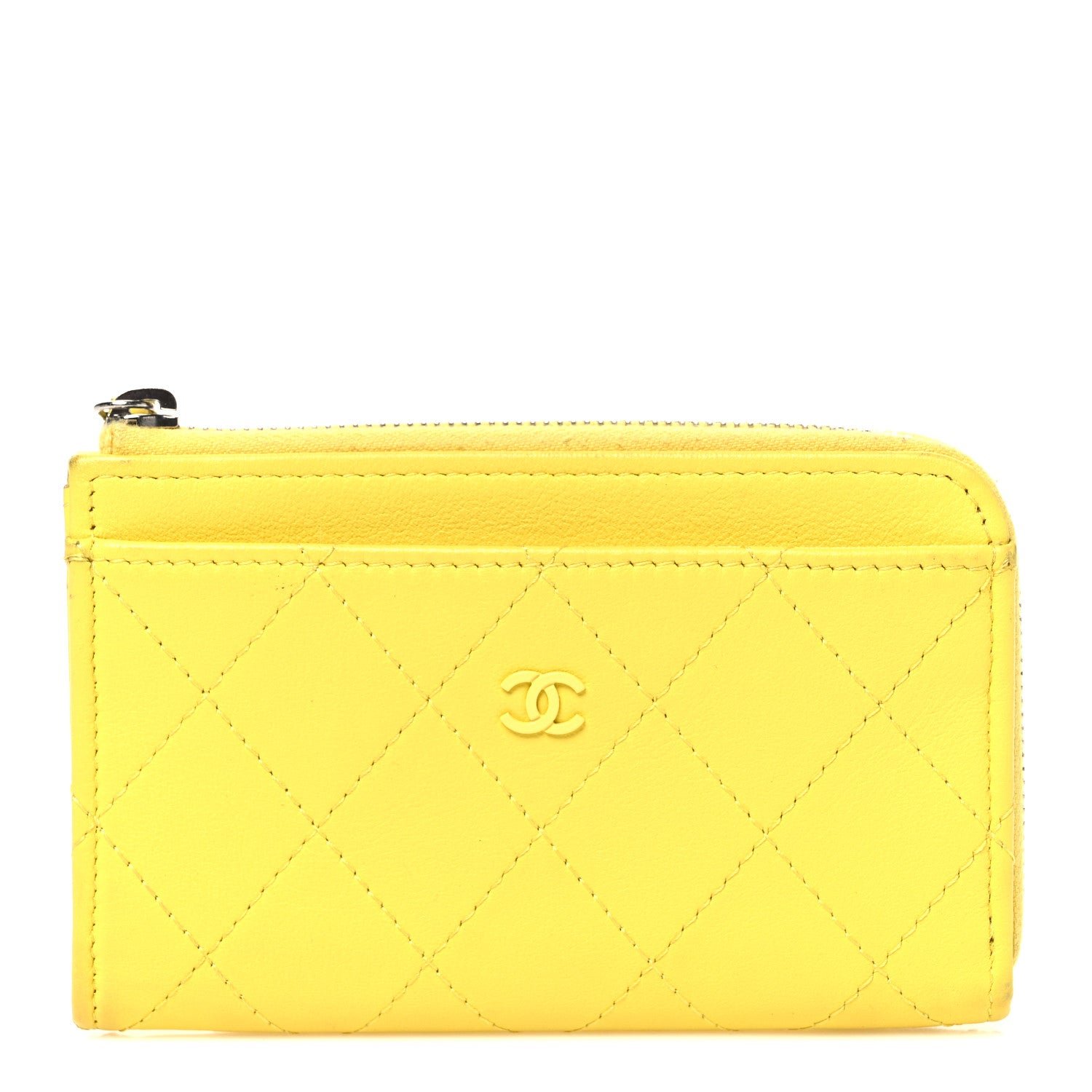 Chanel Calfskin Quilted CC Zip Card Holder Yellow