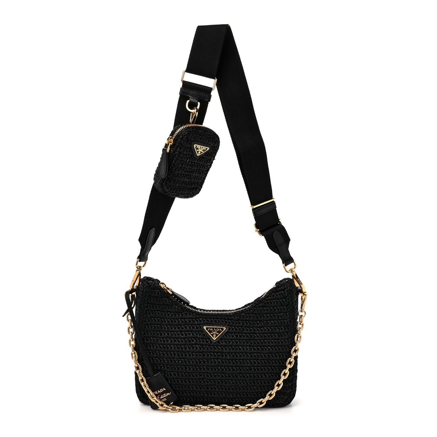 Prada Yarn Raffia Effect Crochet Re-Edition 2005 Shoulder Bag Black