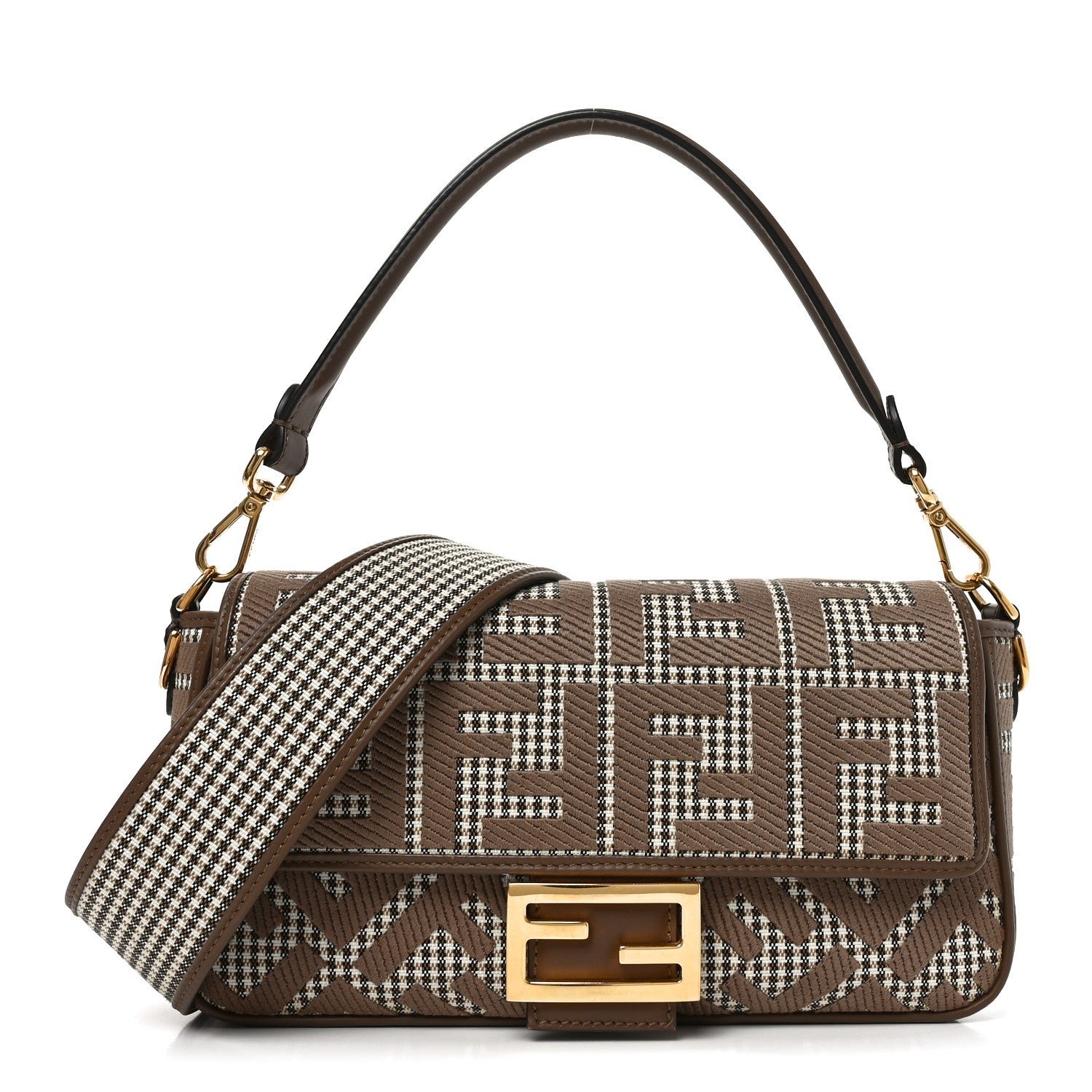 Fendi Wool Vitello King Houndstooth FF Embroidered Baguette Beige Moro
