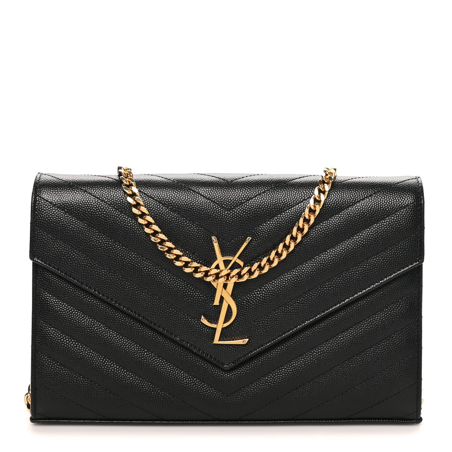 Saint Laurent Grain De Poudre Matelasse Chevron Monogram Chain Wallet Black