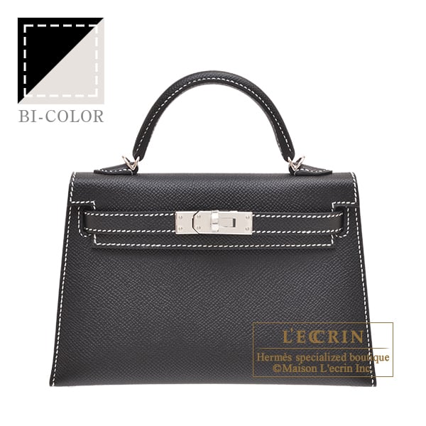 Hermes Personal Kelly bag mini Sellier Black/ Pearl grey Epsom leather Silver hardware White stitch