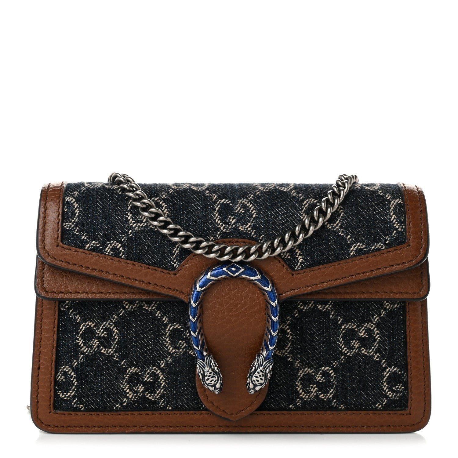 Gucci New Denim GG Monogram Dollar Calfskin Enamel Super Mini Dionysus Shoulder Bag Blue Tea Cuir Epilog Electric Blue
