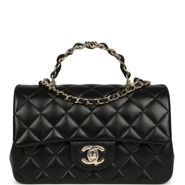 Chanel Mini Classic Rectangular Top Handle Flap Bag Black Lambskin Light Gold Hardware