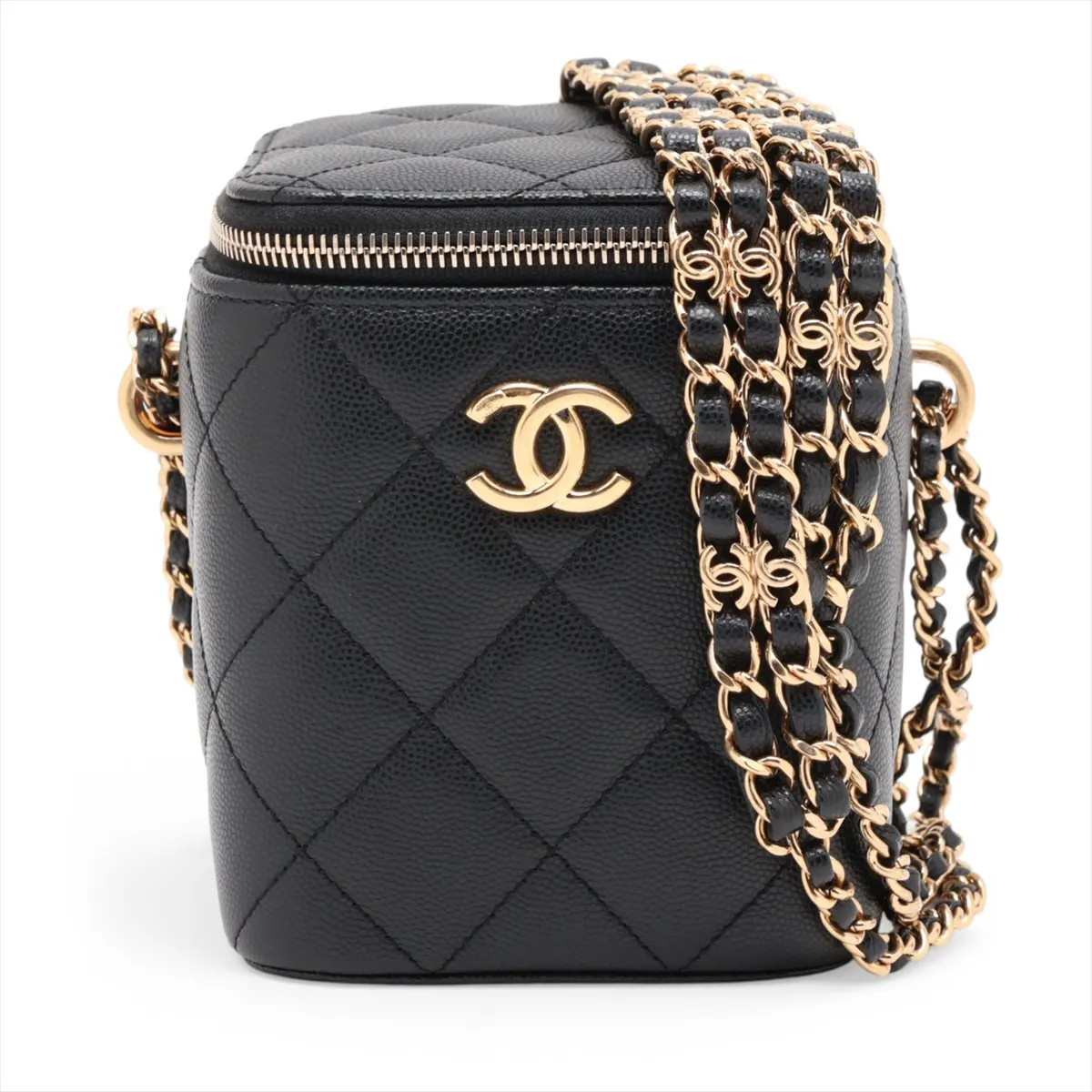 Chanel Matelasse Caviar Skin Chain Shoulder Bag Vanity Black Gold Metal Fittings